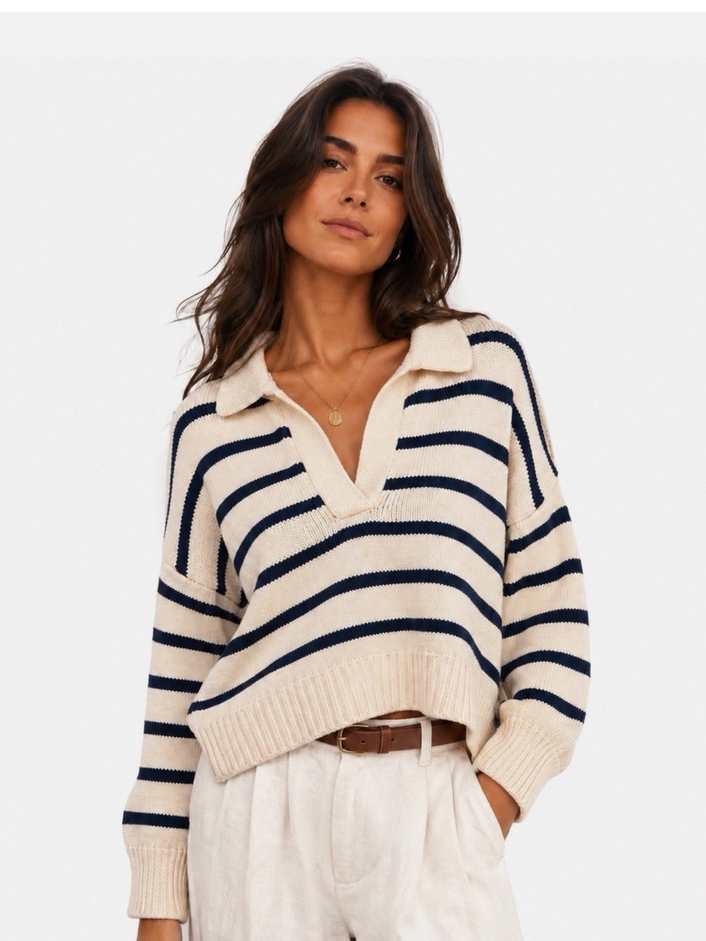 Madewell Cream and Navy Striped V-Neck Collared Sweater